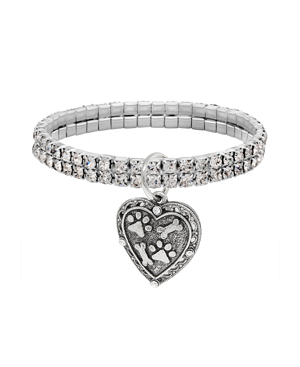 2028 Silver-tone Two Row Crystal Stretch Bracelet With Paw And Bones Heart Charm In Clear