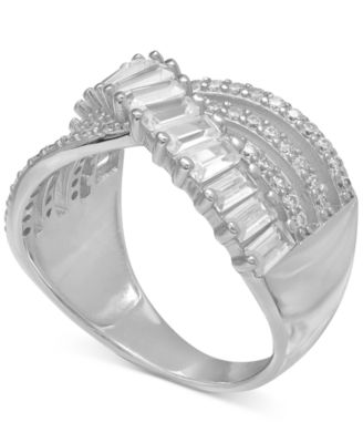 Cubic Zirconia Triple Row Baguette & Pave Crossover Ring (3 ct. t.w.) in Sterling Silver or 18K Gold over Sterling Silver