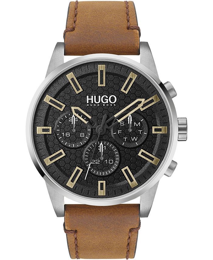 HUGO - Men's #Seek Brown Leather Strap Watch 44mm
