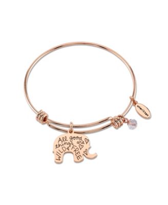 "All Good Things are Wild and Free" Elephant Charm Adjustable Bangle Bracelet in Rose Gold-Tone Stainless Steel with Silver Plated Charms