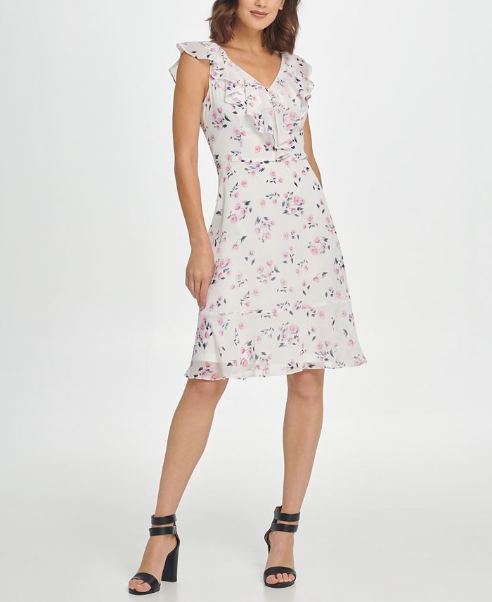 DKNY Sleeveless Fit & Flare Floral Tie Waist Dress - Macy's