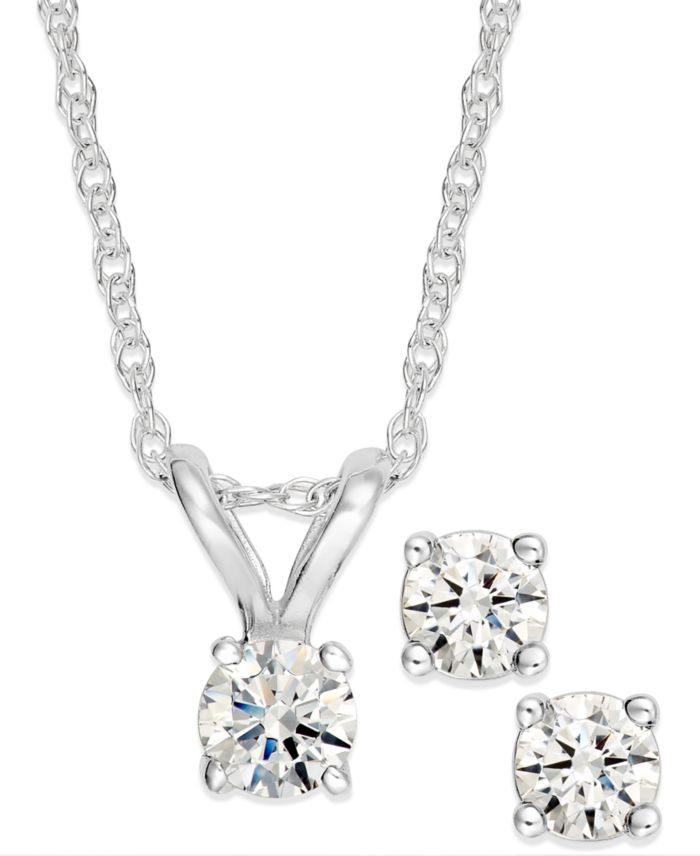 Round-Cut Diamond Pendant Necklace and Earrings Set in 10k Yellow or — 4 count