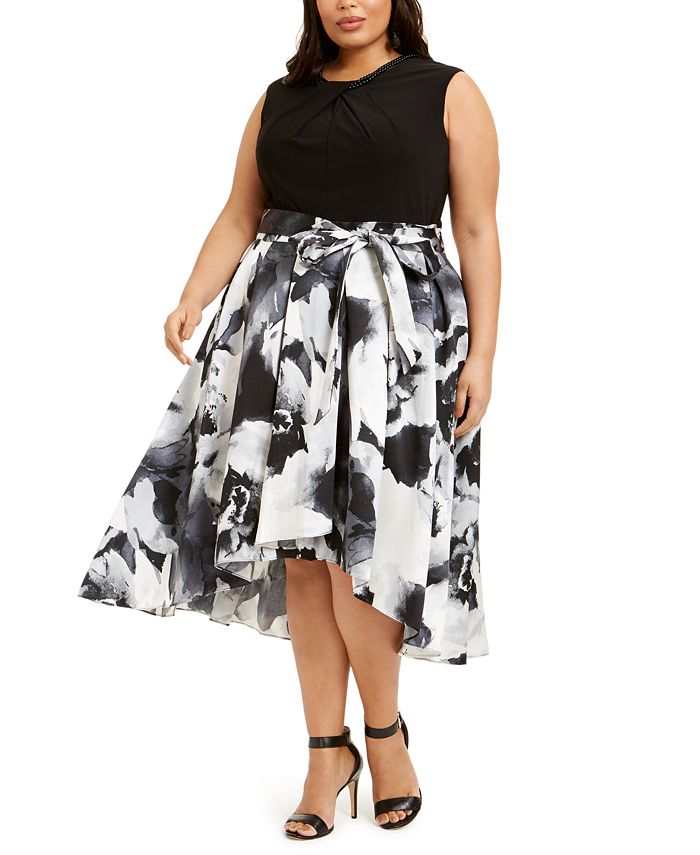 SL Fashions Plus Size Embellished-Neck Floral-Skirt Dress - Macy's