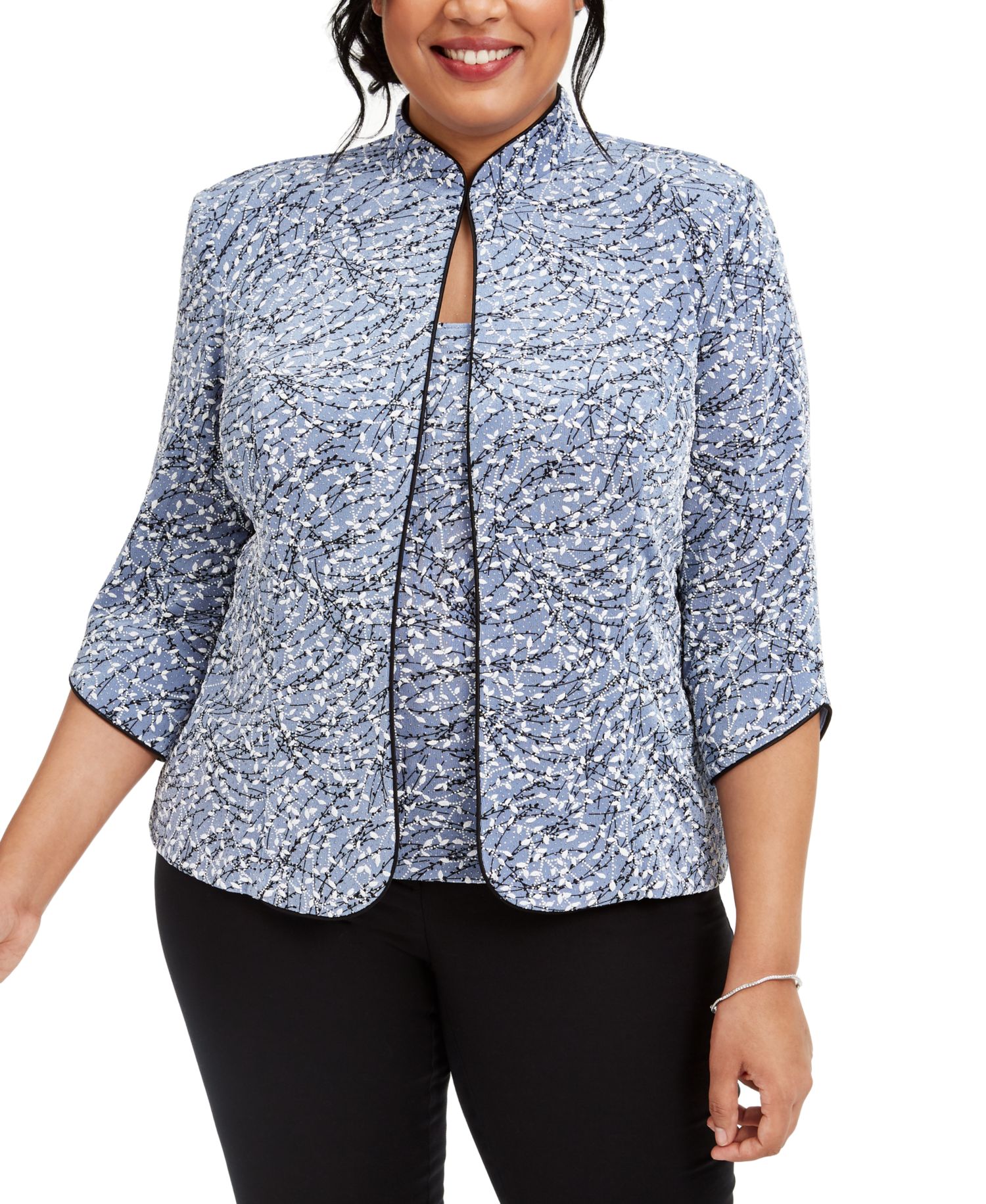 Plus Size Printed Mandarin Jacket & Top Set