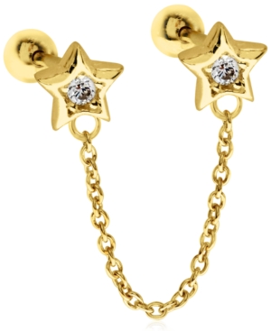 image of Bodifine Double Cubic Zirconia Stars 10K Gold-Tone Sterling Silver-Tone Ear Chain Studs