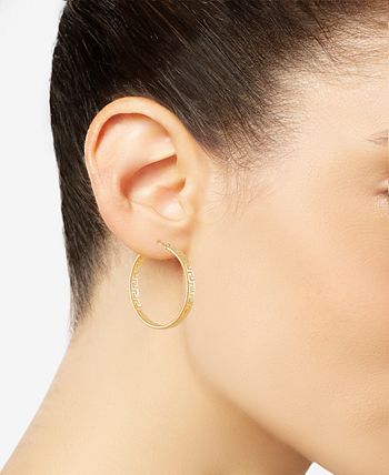 Italian Gold - Medium Greek Key Hoop Earrings in 14k Gold, 1.2"