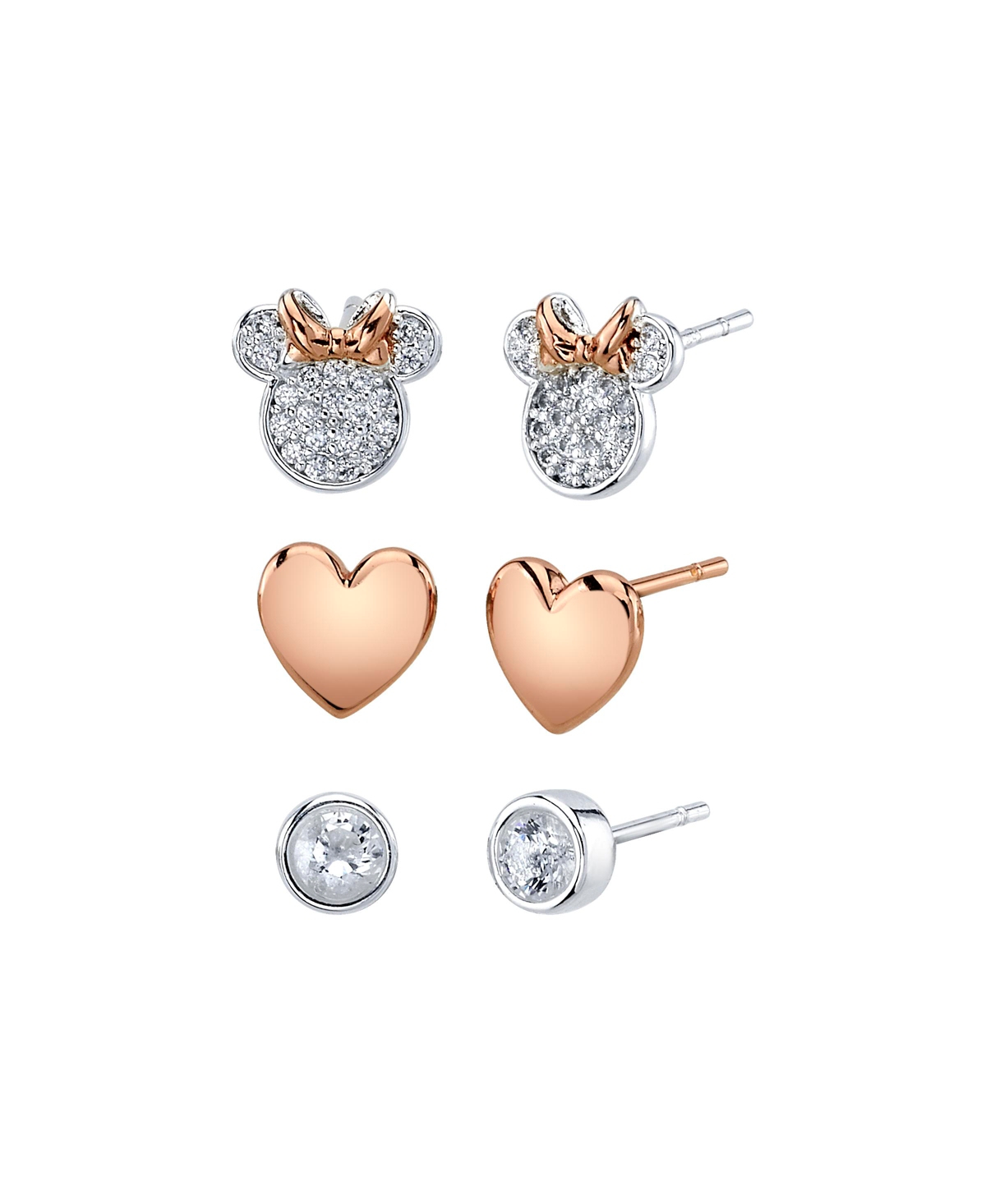 Three Pair Silver Plated Two Tone Rose Gold Minnie Mouse Earring Set with Rose Gold Heart and Bezel Cubic Zirconia Stud - Two-Tone