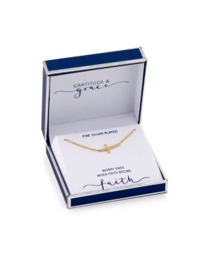 image of Gratitude & Grace Gold Tone Cubic Zirconia Sideways Cross Pendant Necklace