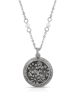image of 2028 Silver-Tone Round Floral Locket with Imitation Pearl Chain Necklace