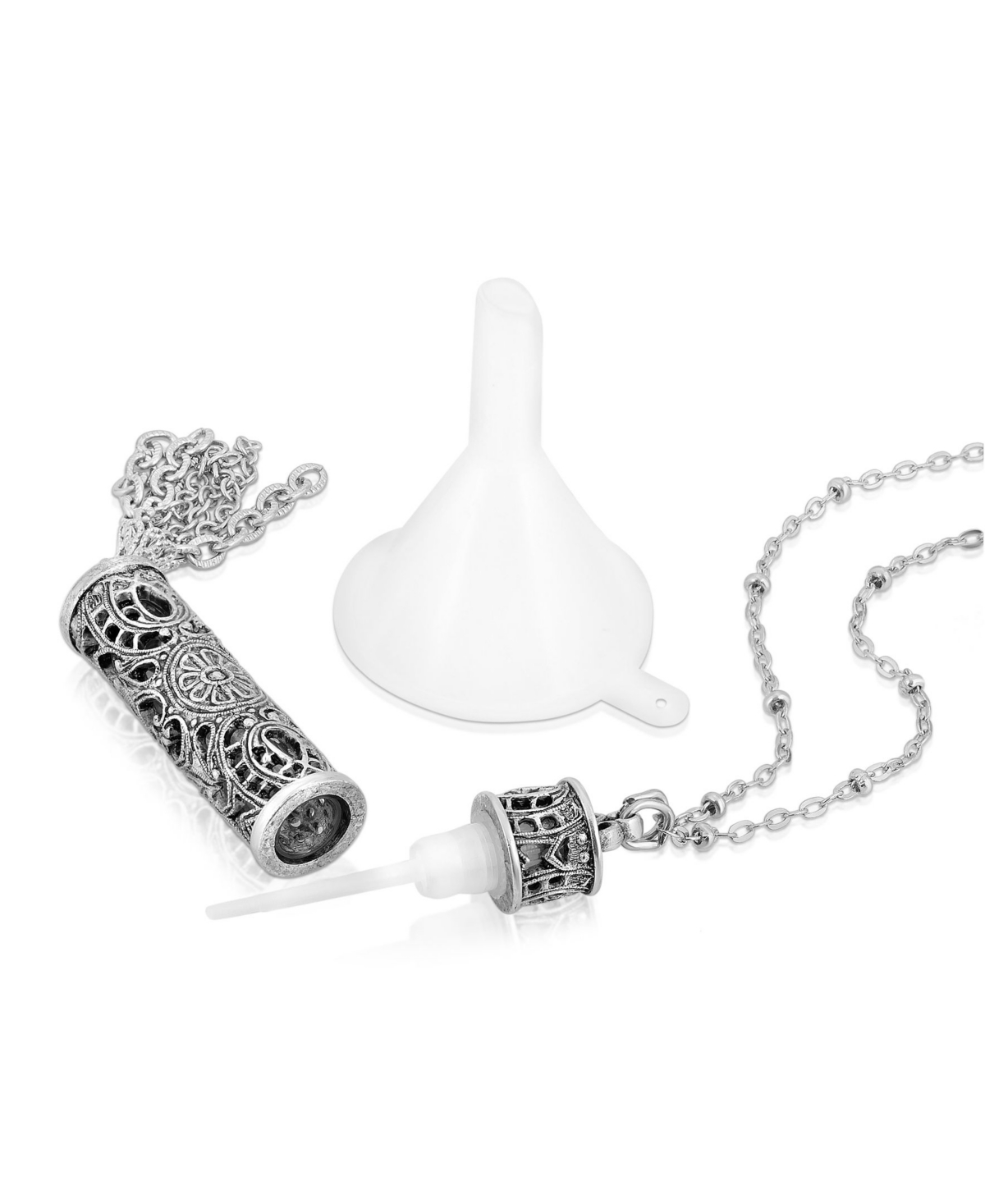2028 Pewter Filigree Vial With Tassel Necklace In Silver