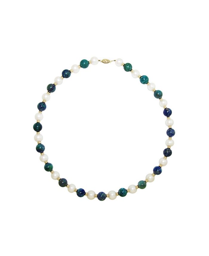 Macy's - White Freshwater Cultured Pearls (10-11mm) with Multi-color Lapiz Lazuli (10mm) and Gold Beads (2.5mm) 18.5" Necklace in 14k Yellow Gold