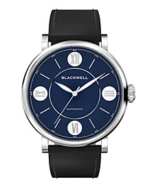 Dark Blue Dial with Silver Tone Steel and Black Leather Watch 44 mm
