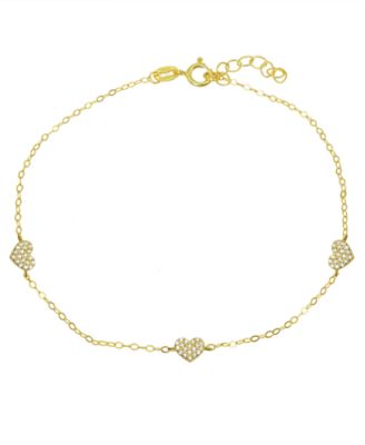 Cubic Zirconia Pav&eacute; 3 Heart Station Ankle Bracelet in Sterling Silver or 18K Gold-Plated Sterling Silver