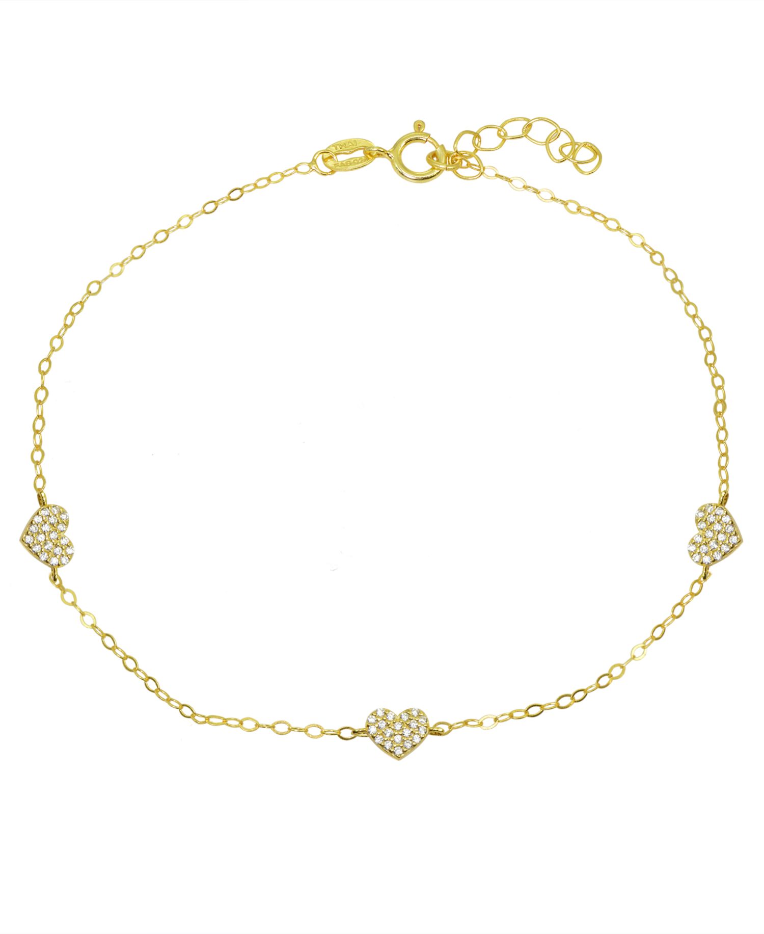 Cubic Zirconia Pav&eacute; 3 Heart Station Ankle Bracelet in Sterling Silver or 18K Gold-Plated Sterling Silver
