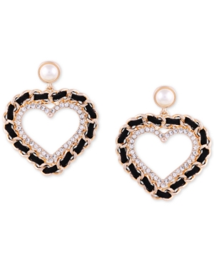 image of Guess Gold-Tone Imitation Pearl, Crystal & Black Woven Heart Drop Earrings