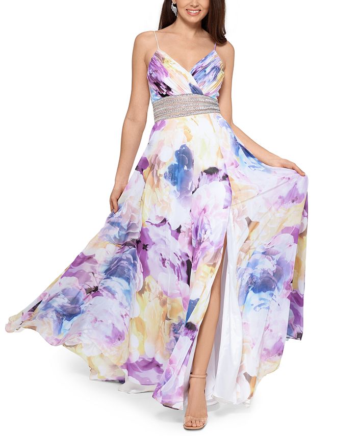 XSCAPE Floral-Print Embellished-Waist Gown - Macy's