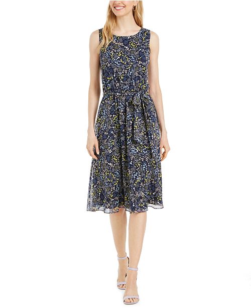 Msk Petite Printed Chiffon Tie Belted Dress Reviews Macy S