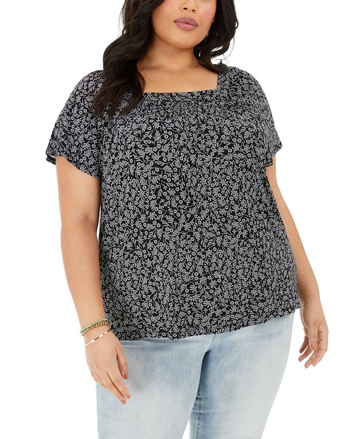 Style & Co Plus Size Printed Square-Neck Top, Created for Macy's - Macy's
