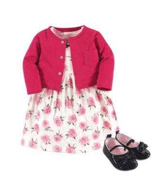 Little Treasure Baby Girls Treasure Three-Piece Cotton Outfit Dress Cardigan Footwear - Rose 26$