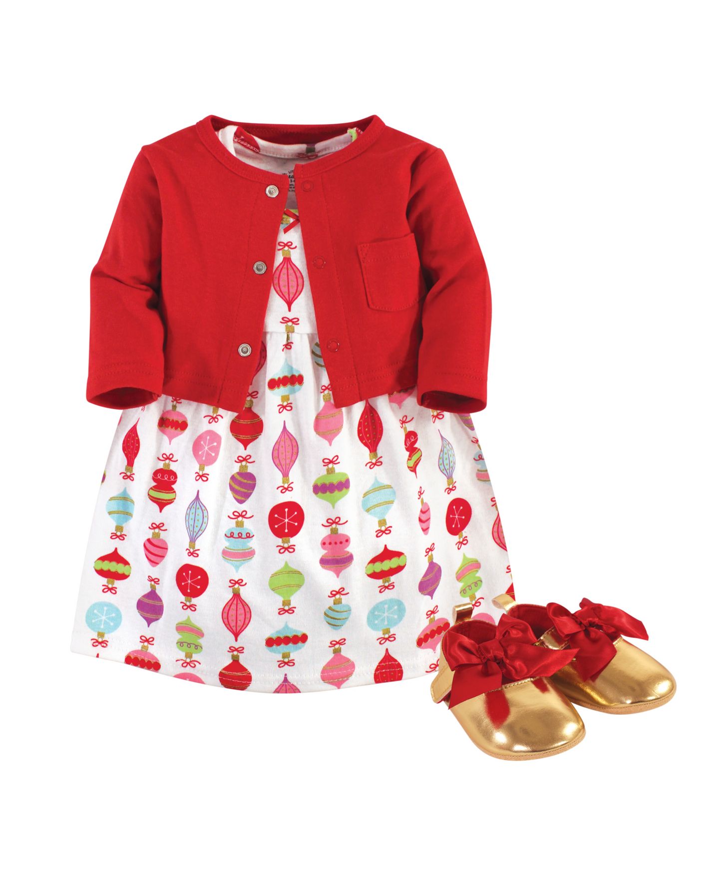 Детское платье Little Treasure Treasure Three-Piece Cotton Outfit Dress, Cardigan & Footwear, цвет: Glitzmas — фото 1