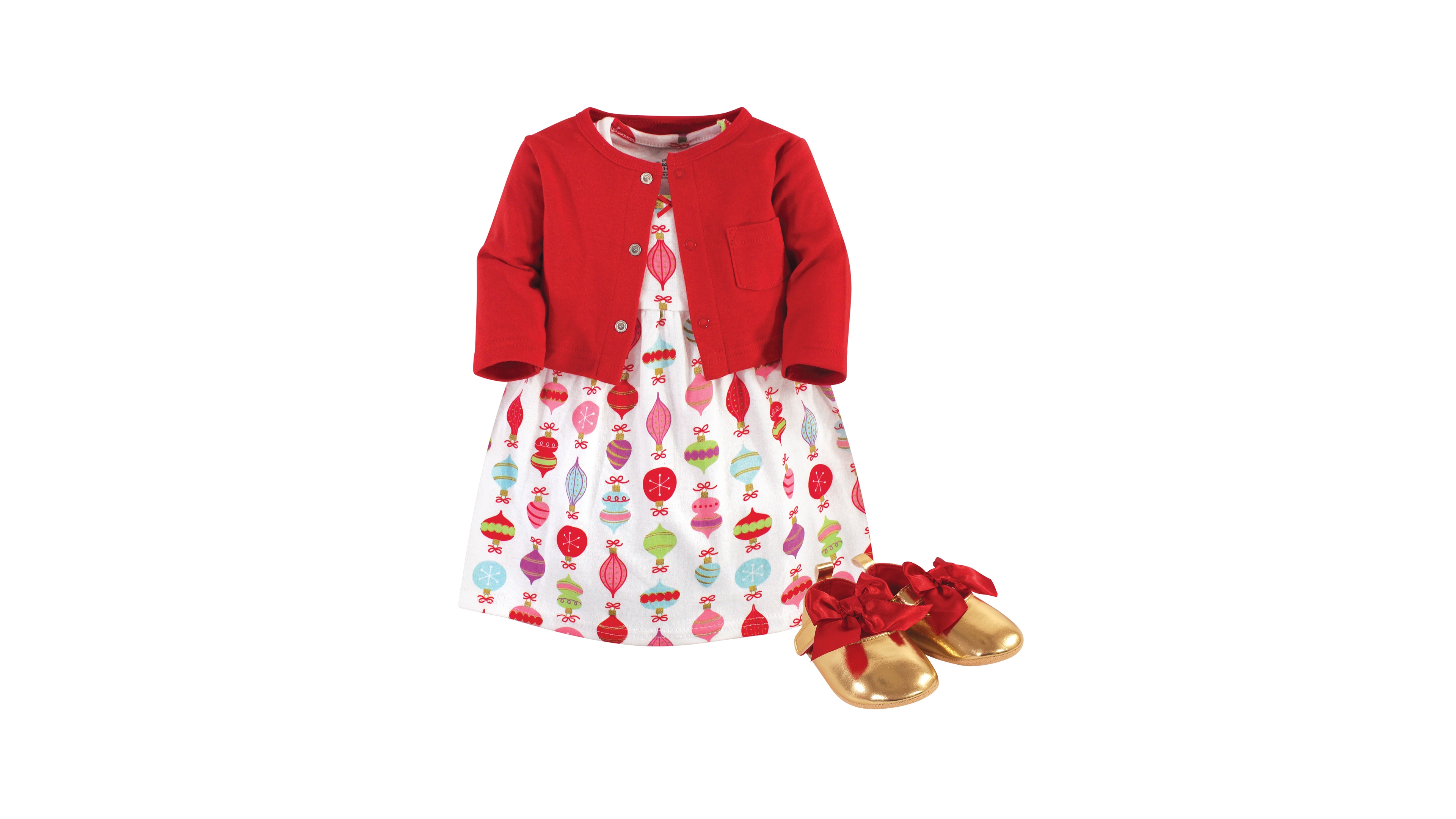 Little Treasure Baby Girls Three-Piece Cotton Outfit Dress, Cardigan & Footwear