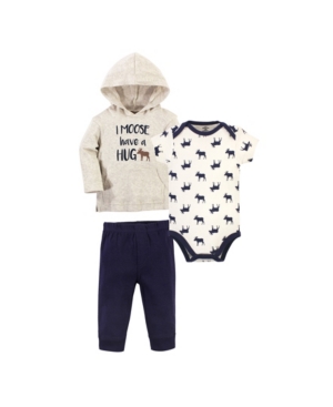 Little Treasure Baby Boys Moose Hug Hoodie Bodysuit or Tee Top and Pant Set Pack of 3