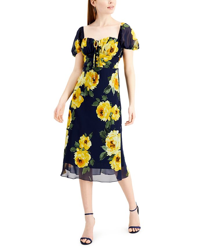 B Darlin Juniors' Floral-Print Puff-Sleeve Midi Dress - Macy's
