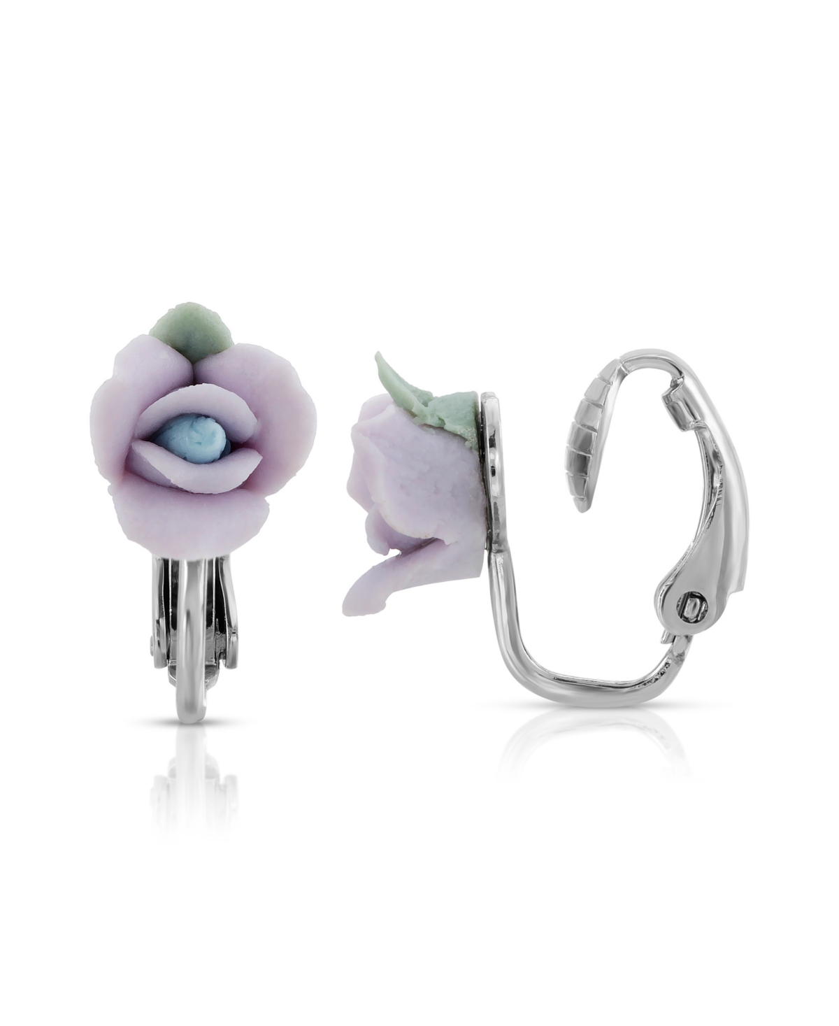 2028 Silver Tone Porcelain Rose Clip-on Earrings In Purple