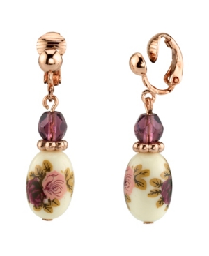 image of 2028 Rose Gold Tone Purple Crystal Bead Flower Drop Clip Earrings