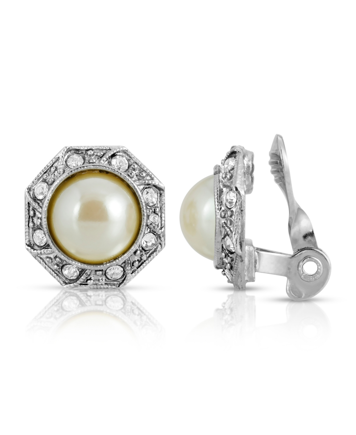 2028 Gold Tone Imitation Pearl Crystal Round Button Clip Earring In White