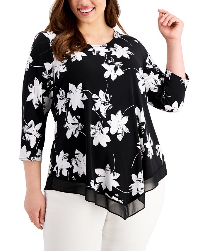Alfani Plus Size Floral-Print Point-Hem Top, Created for Macy's ...