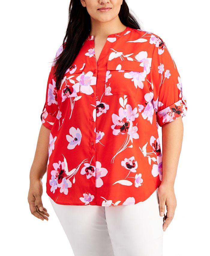 Calvin Klein Plus Size Floral-Print Button-Down Top & Reviews - Tops - Plus  Sizes - Macy's
