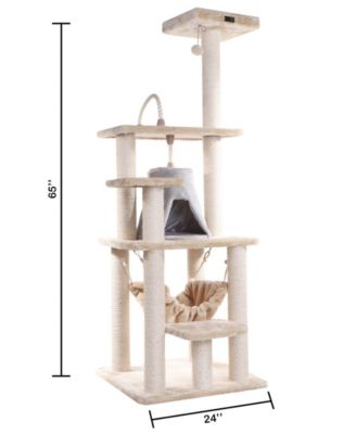 65" Real Wood Cat Tree with Sisal Rope, Hammock, and Soft-Side Playhouse - Model A6501