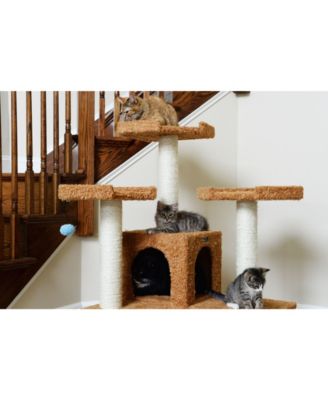 74" Multi-Level Real Wood Cat Tree with ScratchhIng Posts, Large Platform, and Sisal Scratching Posts in Ochre Brown