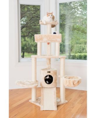 Spacious Thick Fur Real Wood Cat Tower with Basket Lounge, Ramp, Activity Center with Scratching Posts Stand House A5806