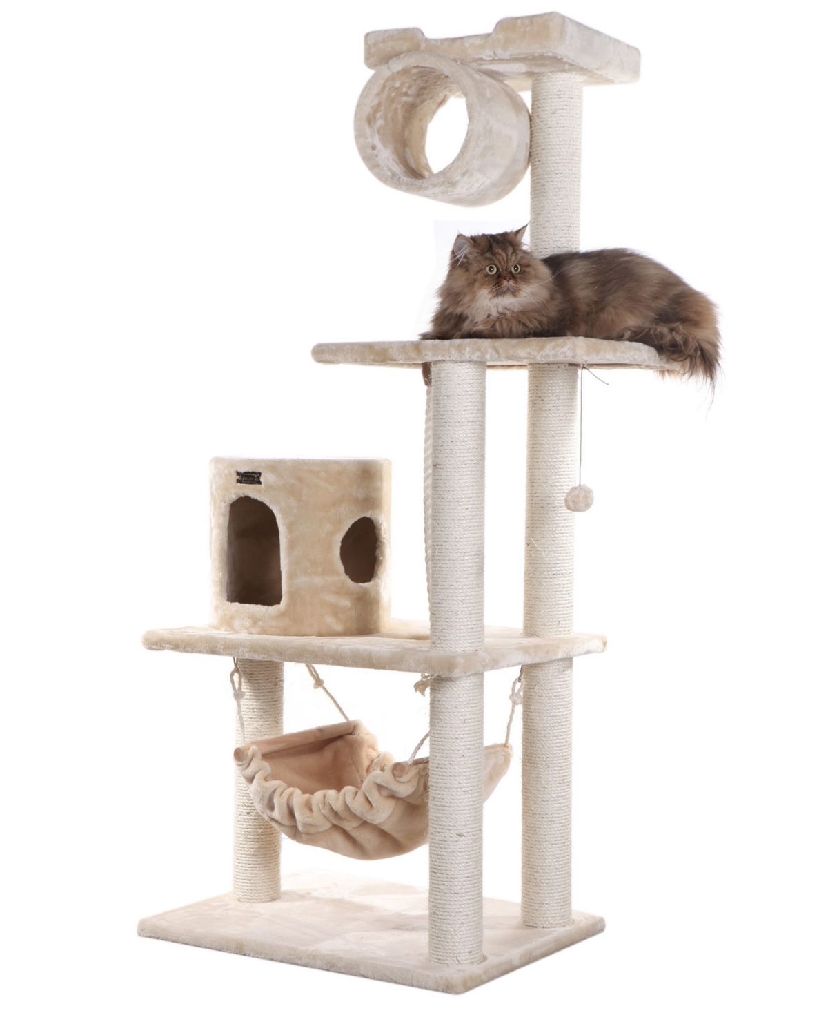 62" Real Wood Cat Tree & Hammock With Scratch Posts - Beige