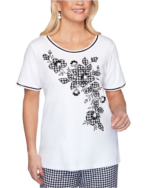 Alfred Dunner Petite Checkmate Diagonal Floral Gingham Print Top