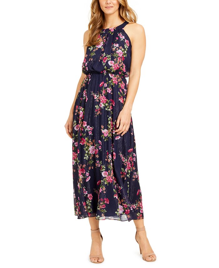 Robbie Bee Petite Floral-Print Maxi Halter Dress With Shine - Macy's