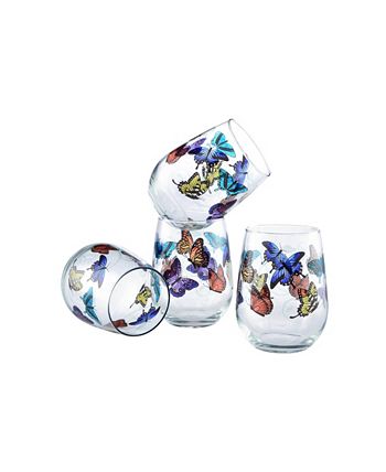 Culver - Butterflies Stemless Wine Glass 15-Ounce Set of 4