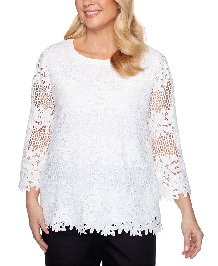 Alfred Dunner Checkmate Solid Lace Floral Knit Top Macy's