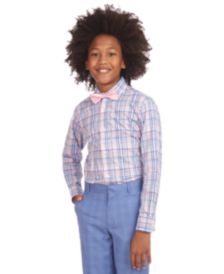 Big Boys 2-Pc. Stretch Blue/Pink Plaid Dress Shirt & Pink Geo Bow Tie Set