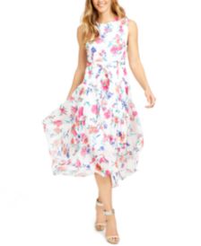 Petite Floral-Print Belted Midi Dress