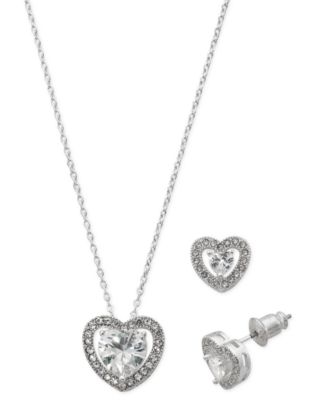 Macy's Silver Plate Cubic Zirconia Heart Necklace and Stud Earring Set, 18\