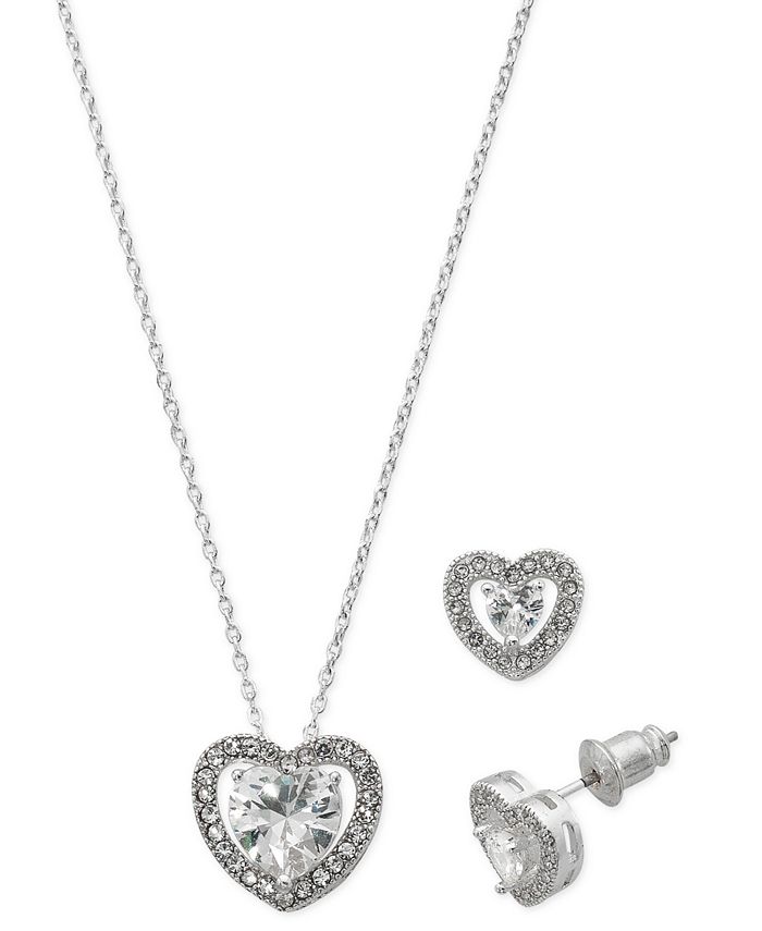 Macy's Silver Plate Cubic Zirconia Heart Necklace and Stud Earring Set ...