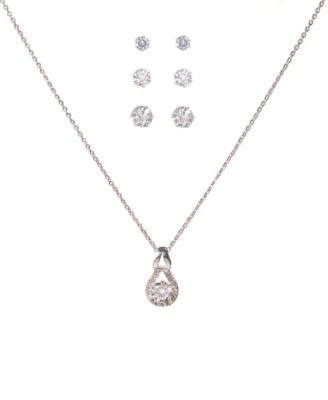 Macy's - Fine Silver Plate Cubic Zirconia Foldover 18 inch Necklace with extender, with 3 earrings, small stud, medium stud, and large stud.