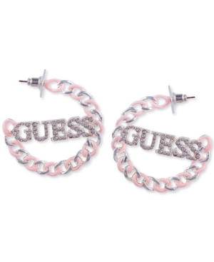 image of Guess Silver-Tone Pink Logo Link Medium Hoop Earrings, 1.75