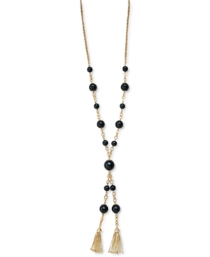 image of Charter Club Gold-Tone Colored Imitation Pearl & Pave Chain Tassel Lariat Necklace, 28