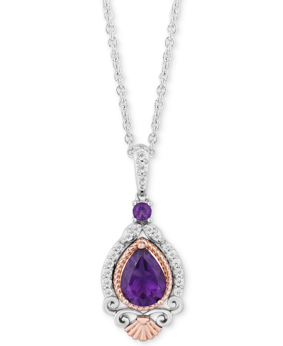 Enchanted Disney Amethyst (1 ct. t.w.) & Diamond (1/7 ct. t.w.) Ariel Pendant Necklace in Sterling Silver & 14k Rose Gold, 16" + 2" extender - Amethys