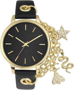 image of Inc Women-s Chain & Charm Black Faux Leather Strap Watch 30mm, Created for Macy-s