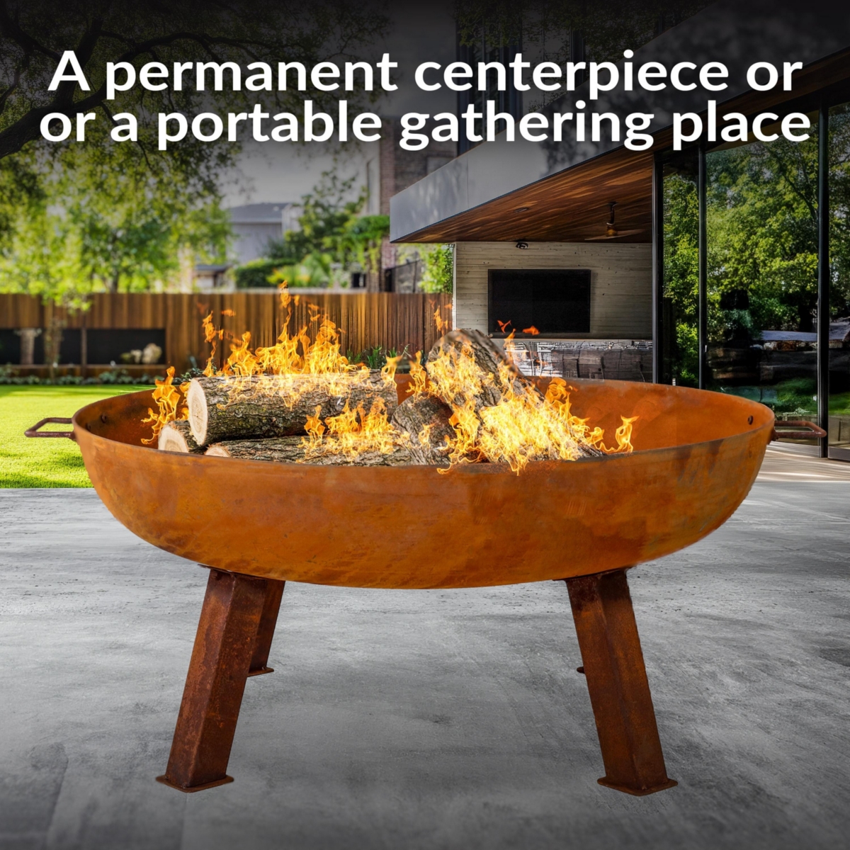 Outdoor Camping or Backyard Round Cast Iron Rustic Fire Pit Bowl with Handles